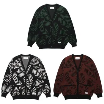 Новый жаккардовый свитер WACKO MARIA с V-образным вырезом и листьями, мужские и женские повседневные вязаные кофты Haikyuu