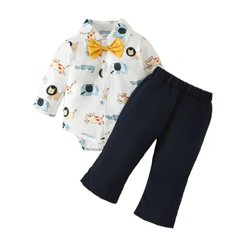 Одежда джентльмена для новорожденного мальчика с длинным рукавом, рубашка с бабочкой и животным принтом, комплект брюк для мальчика из 2 предметов