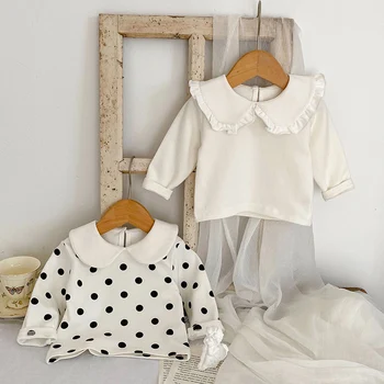 Осенне-весенняя футболка для новорожденных девочек, хлопковый белый пуловер с длинными рукавами, одежда для новорожденных девочек, детская футболка