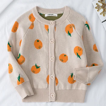 Осеннее детское вязаное пальто, милые свитера-кардиганы с фруктовым принтом, свитера с длинными рукавами для маленьких девочек и мальчиков, топы