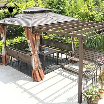 Павильон с виноградной решеткой 4.15x2 м на открытом воздухе, ландшафтный дизайн двора из алюминиевого сплава, Планировка двора с садом виллы, терраса-балкон
