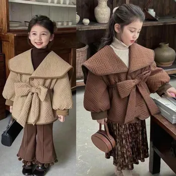 Пальто с отложным воротником для девочек, детская куртка с толстым бантом в корейском стиле, Зимняя новая верхняя одежда, детские пальто 2-8 лет Wz1274