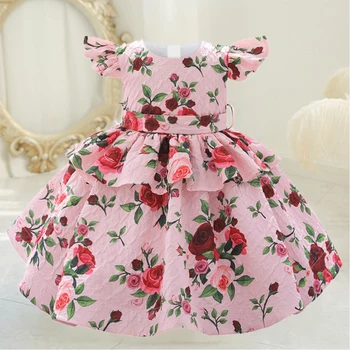 Платья с цветочным узором для маленьких девочек, розовое свадебное платье принцессы для малышей, детское платье для девочек на 1-й день рождения, одежда для крещения, торжественное мероприятие