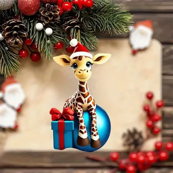 Рождественский подвесной мультяшный рисунок Жирафа, Рождественская елка, автомобиль, праздничные украшения для дома, плоский двухсторонний акрил