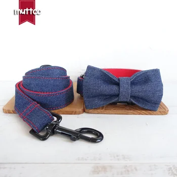 Розничная продажа ошейника ручной работы собственного дизайна MUTTCO THE RED JEAN mazarine и красного ошейника для собак и поводка с галстуком-бабочкой 5 размеров UDC038H