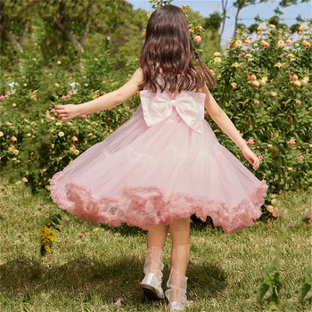 Розовое платье в цветочек для девочки, Многослойное, украшенное бантом, блестящее Свадебное бальное платье для первого причастия с милым маленьким цветочком для ребенка