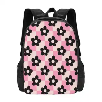 Розовые и черные цветочные шашки, школьный рюкзак большой емкости, сумки для ноутбуков, шахматная доска, розовые пастельно-черные цветочные цветы, милые цветы