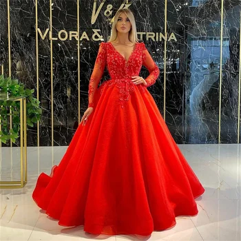 Романтическое Красное вечернее платье с V-образным вырезом и рюшами, Кружевное вечернее платье с аппликацией и длинным рукавом, платье для выпускного вечера из гофрированного тюля Vestido De Gala