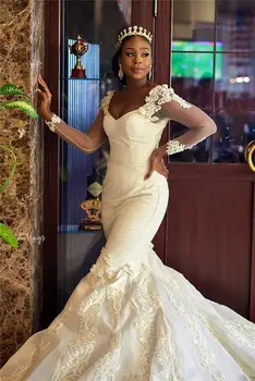 Свадебные платья русалки в африканском стиле, роскошные кружевные аппликации, свадебные платья с длинными рукавами