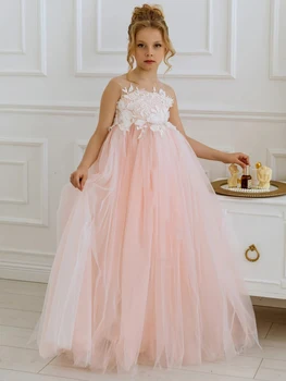 Светло-розовое платье в цветочек для девочек, тюлевые белые аппликации с бантом, без рукавов для свадебной вечеринки, дня рождения, платья для первого причастия