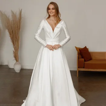 Сексуальное Свадебное платье POMUSE с V-образным вырезом в складку, Белое Свадебное Платье Трапециевидной формы Длиной до пола, Сшитое на заказ Vestido De Novia для женщин