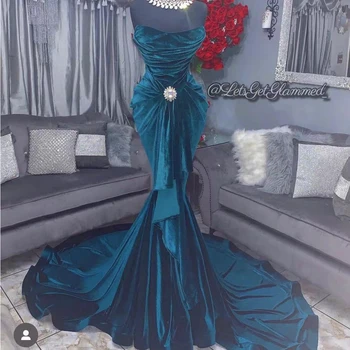 синие платья для выпускного вечера 2023 без бретелек, бархатные драпированные складки, русалка длиной до пола, длинные вечерние платья, платья