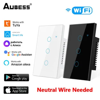 Умный сенсорный выключатель домашнего освещения AUBESS TUYA WiFi US, настенная кнопка, требуется нейтральный провод, работает с Alexa, Google Home Assistant, Алиса