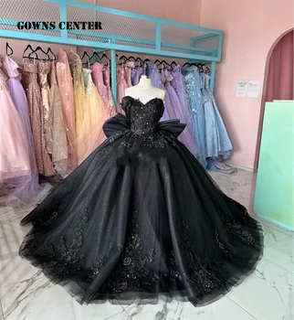 Уникальное черное пышное платье с открытыми плечами, Бальное платье с бантом, платье на день рождения, на шнуровке, Блестящее, милое, 16 платьев, vestidos de 15