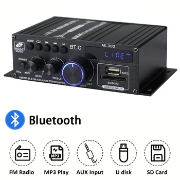 Усилитель звука для автомобиля, усилители Bluetooth Channel 2.0 HIFI, домашний цифровой аудио DC 12v Amp, усилители AK380 для автомобильных низких высоких частот