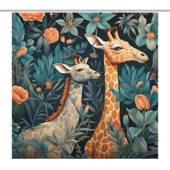 Художественная занавеска для душа с изображением жирафов и обитателей тропического леса, превосходная водонепроницаемость, 183x183 см с крючками 12шт.