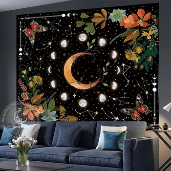 Цветочный Гобелен Фаза Луны Ботанические Небесные Звезды Бабочка Ночные Гобелены Настенные Гостиная Спальня Звездный Ковер