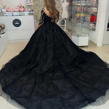 Черное Бальное платье с высоким воротом, Кружевными оборками и блестками, Пышные платья с длинным рукавом, Корсет, Vestidos De 15 Años