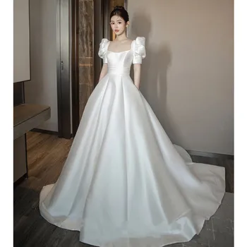 Элегантное атласное Свадебное платье с пышными рукавами, свадебное платье с вырезом лодочкой, вечернее платье принцессы, Vestido De Novia, Плюс Размер, изготовленное на заказ