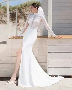Элегантное свадебное платье Русалки, атласное с сексуальным кружевом, платье с высоким воротником и длинными рукавами для невесты, платье невесты со шлейфом на пуговицах сзади
