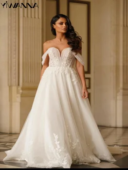 Элегантное свадебное платье с открытыми плечами, Классическое платье с аппликацией для невесты, простое длинное свадебное платье А-силуэта Robe De Mariée