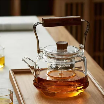 Японский Термостойкий Стеклянный Чайник для Заварки Чая с Медной Деревянной Ручкой, Чайник Для Приготовления Чая Кунг-фу, Заварочный Чайник Puer, Чайная Посуда