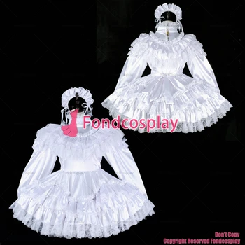 fondcosplay adult sexy cross dressing sissy maid короткое белое атласное платье с застежкой на шнуровке, Униформа для взрослых, костюм CD / TV[G2327]