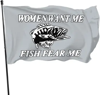 Women Want Me Fish Fear Me Flags 3x5 Футов Парк Креативный Флаг Крыльцо Легкий Анти-Уф Выцветающий Для Наружного Декоративного Оформления