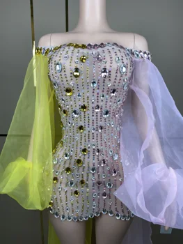 Платье со стразами с открытыми плечами, сетчатый костюм для драг-шоу с пышными рукавами, одежда для вечеринки по случаю дня рождения, платье для выступления певицы