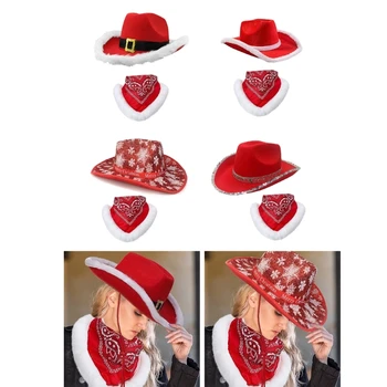 Стильный шарф, Ковбойская шляпа, Бандана, набор для Рождественской вечеринки, реквизит для фотосессии, Шляпа Санты с красивыми белыми полями
